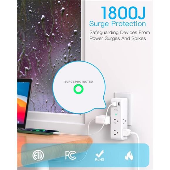 Surge Protector Outlet Extender - with Rotating Plug, 6 AC Multi Plug Outlet - Picture 5 of 7